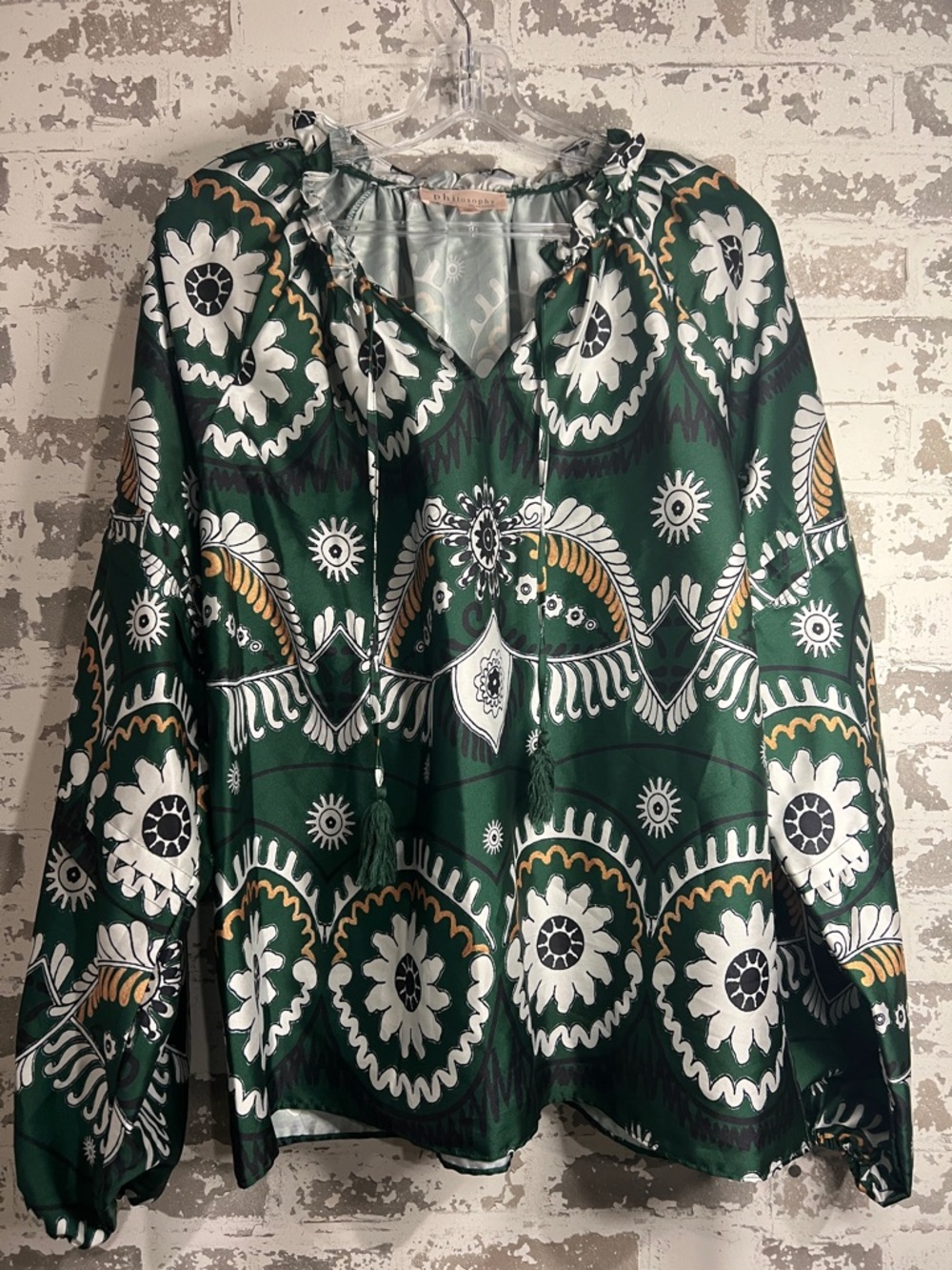 Philosophy Green Printed Peasant Blouse with Tassel Tie